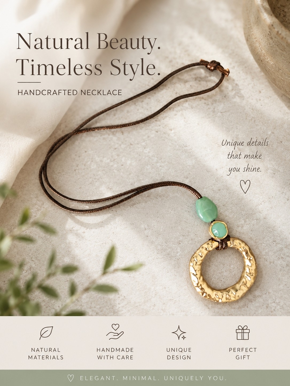 Handcrafted Gold Ring Pendant Necklace with Mint Green Stones